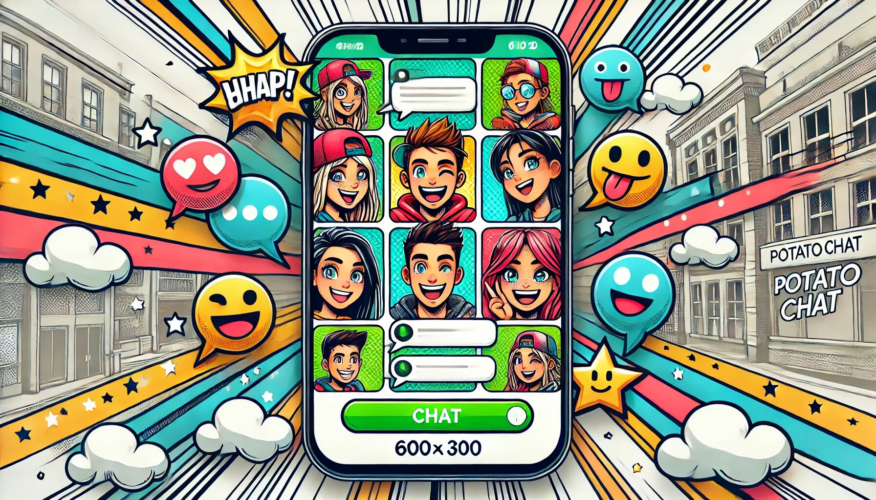 DALL·E 2025-03-03 17.51.35 - A comic-style illustration of a fun and friendly chat interface of a social media app named PotatoChat. The screen should display chat bubbles, smiley_proc.jpg