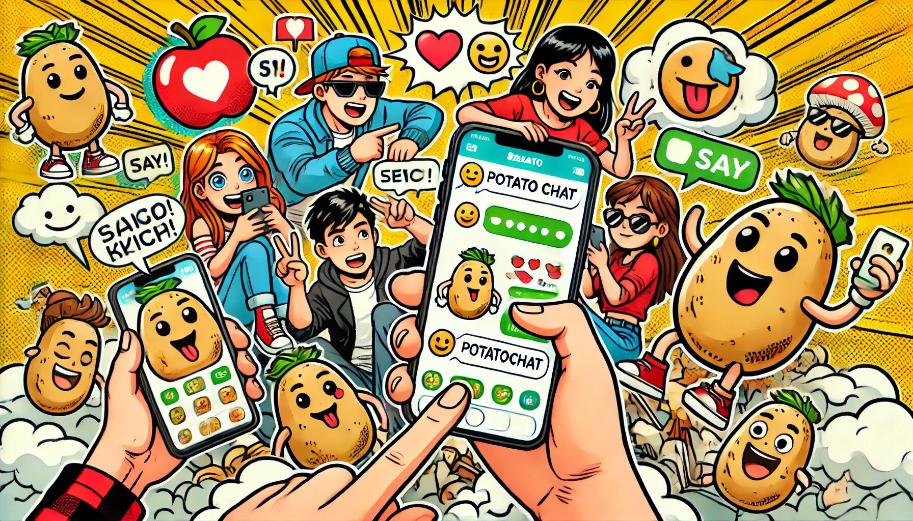 DALL·E 2025-03-03 17.51.38 - A comic-style illustration of a group of friends using the PotatoChat app on their phones. The characters are cartoonish, having fun and interacting w_proc.jpg
